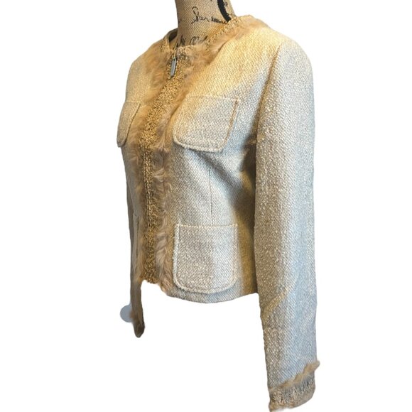 Chanel Inspired Tweed Jacket Rabbit Fur Trim Parisian Chic Emily in Paris Inspo - Picture 5 of 11